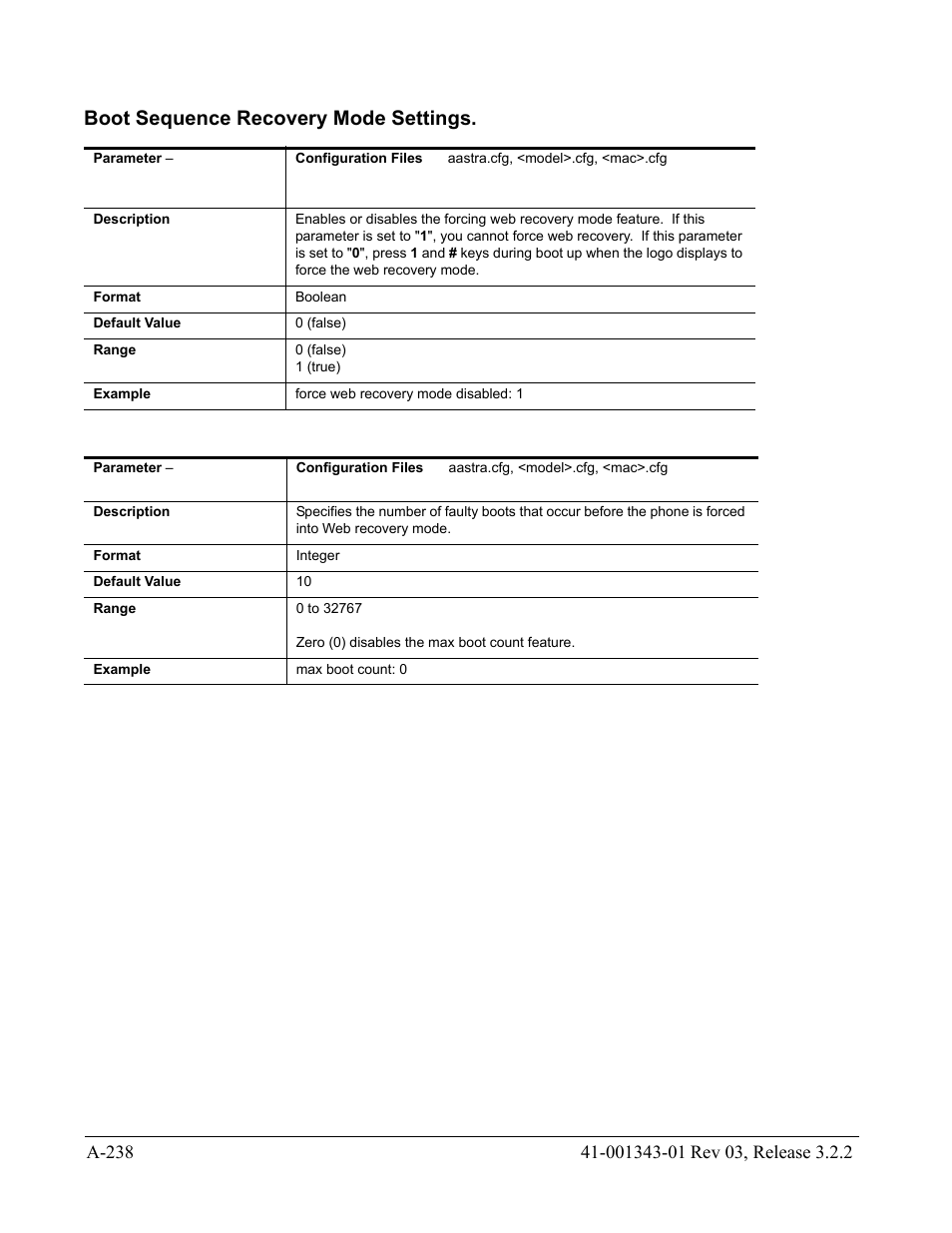 Boot sequence recovery mode settings | AASTRA 6700i series, 9143, 9480i, 9480i CT SIP Administrator Guide EN User Manual | Page 969 / 1049