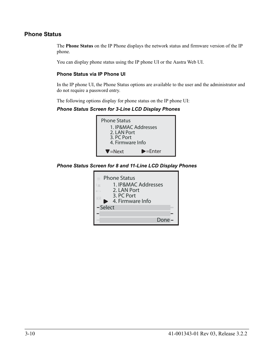 Phone status, Phone status via ip phone ui, Phone status screen for 3-line lcd display phones | Phone status -10 | AASTRA 6700i series, 9143, 9480i, 9480i CT SIP Administrator Guide EN User Manual | Page 97 / 1049