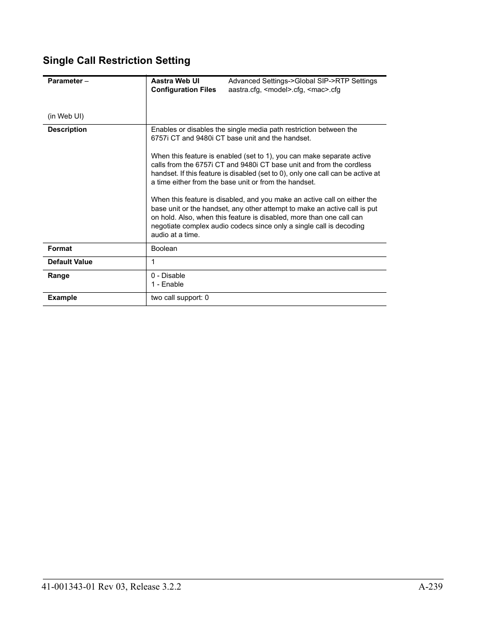 Single call restriction setting | AASTRA 6700i series, 9143, 9480i, 9480i CT SIP Administrator Guide EN User Manual | Page 970 / 1049