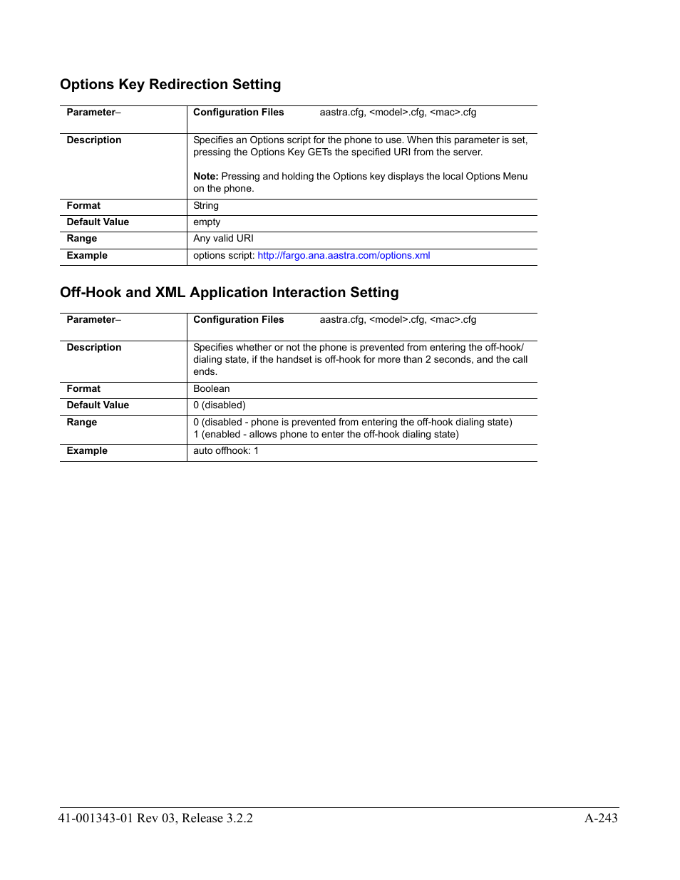 Options key redirection setting, Off-hook and xml application interaction setting, Options key | Redirection setting, Off-hook and, Xml application interaction setting | AASTRA 6700i series, 9143, 9480i, 9480i CT SIP Administrator Guide EN User Manual | Page 974 / 1049
