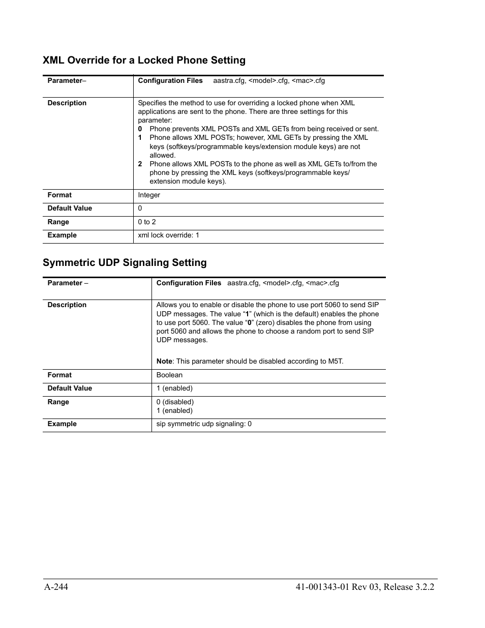 Xml override for a locked phone setting, Symmetric udp signaling setting, Xml override | For a locked phone setting | AASTRA 6700i series, 9143, 9480i, 9480i CT SIP Administrator Guide EN User Manual | Page 975 / 1049