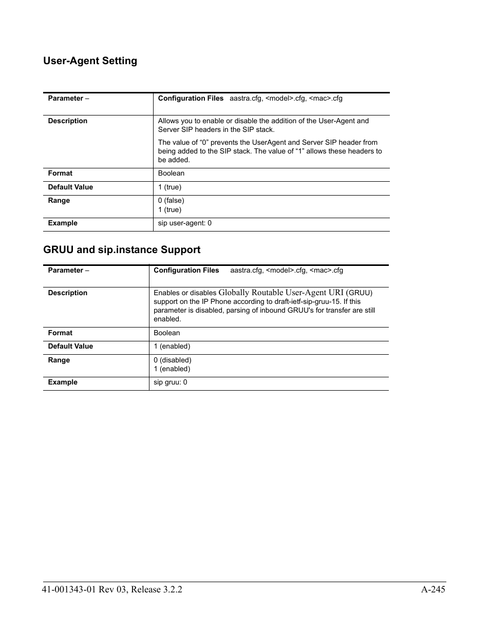 User-agent setting, Gruu and sip.instance support, User-agent | Setting, Gruu and, Sip.instance support, User-agent setting gruu and sip.instance support | AASTRA 6700i series, 9143, 9480i, 9480i CT SIP Administrator Guide EN User Manual | Page 976 / 1049