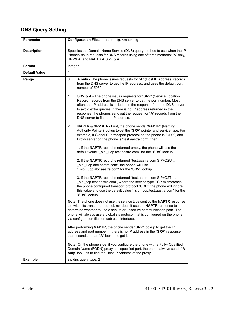 Dns query setting, Dns query, Setting | AASTRA 6700i series, 9143, 9480i, 9480i CT SIP Administrator Guide EN User Manual | Page 977 / 1049