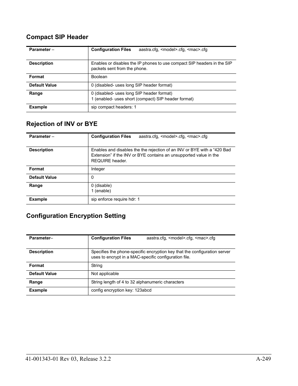 Compact sip header, Rejection of inv or bye, Configuration encryption setting | Rejection of, Inv or bye | AASTRA 6700i series, 9143, 9480i, 9480i CT SIP Administrator Guide EN User Manual | Page 980 / 1049