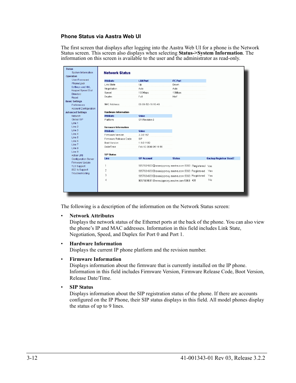 Phone status via aastra web ui | AASTRA 6700i series, 9143, 9480i, 9480i CT SIP Administrator Guide EN User Manual | Page 99 / 1049