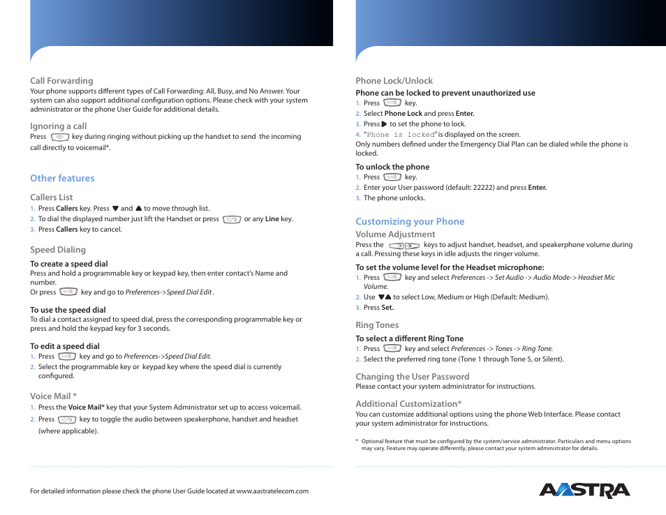 Other features, Customizing your phone | AASTRA 6737i Quick Reference Guide EN User Manual | Page 2 / 2