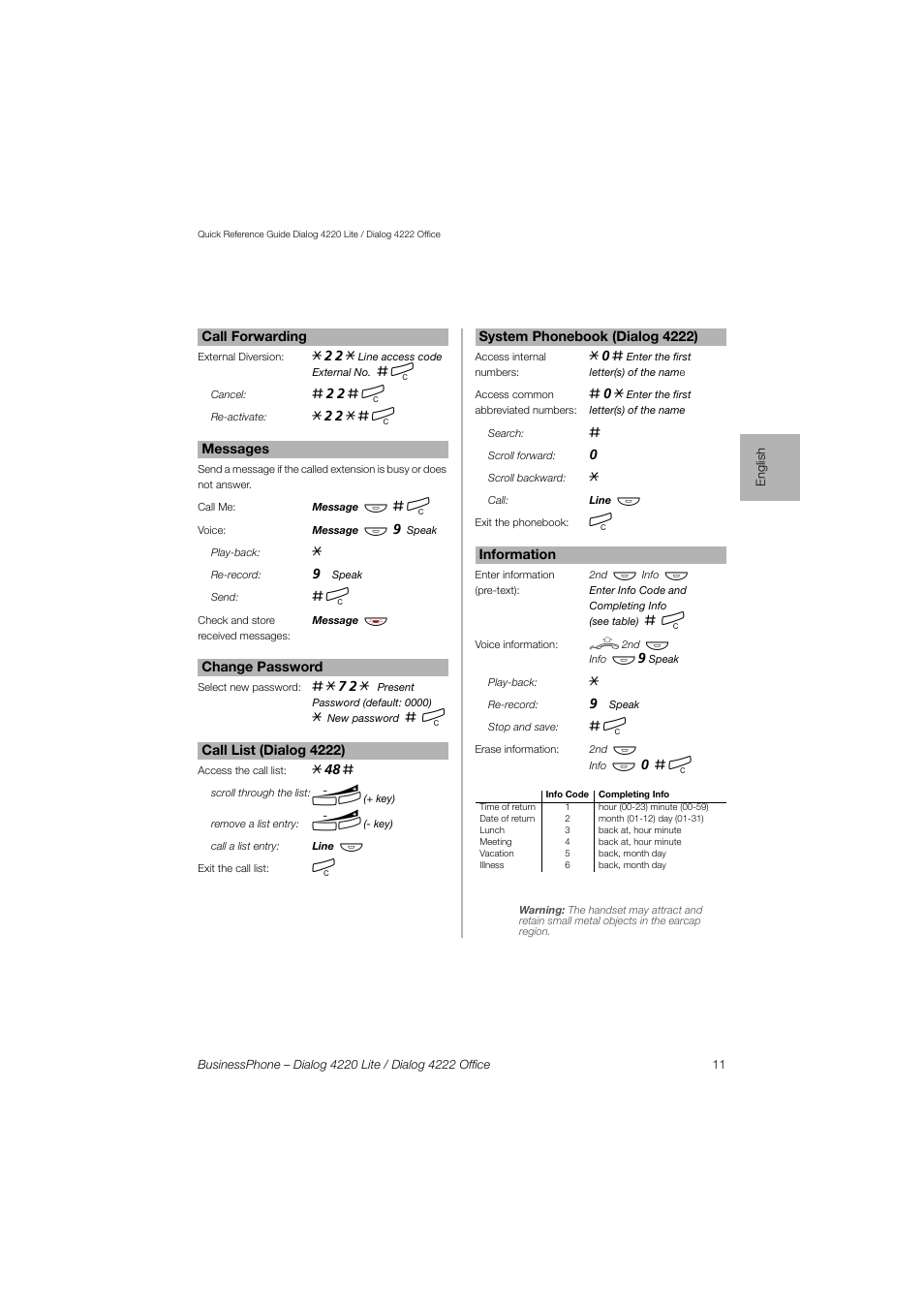 AASTRA 4222 Office for BusinessPhone Quick Reference Guide User Manual | Page 11 / 40