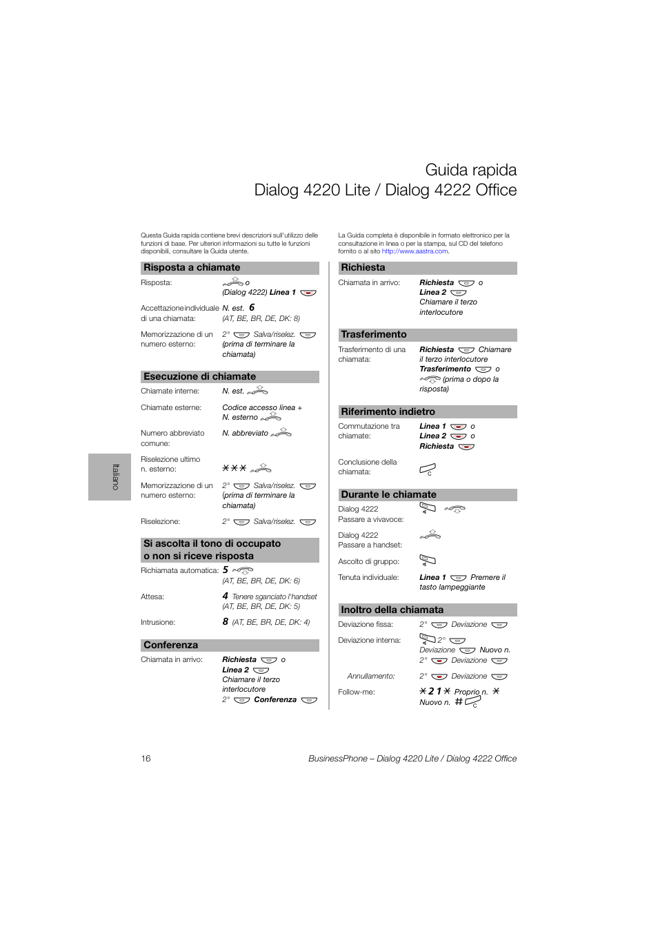 Guida rapida dialog 4220 lite/dialog4222office | AASTRA 4222 Office for BusinessPhone Quick Reference Guide User Manual | Page 16 / 40