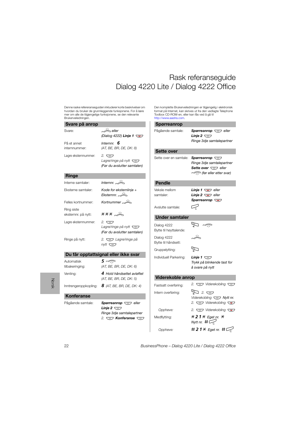 AASTRA 4222 Office for BusinessPhone Quick Reference Guide User Manual | Page 22 / 40