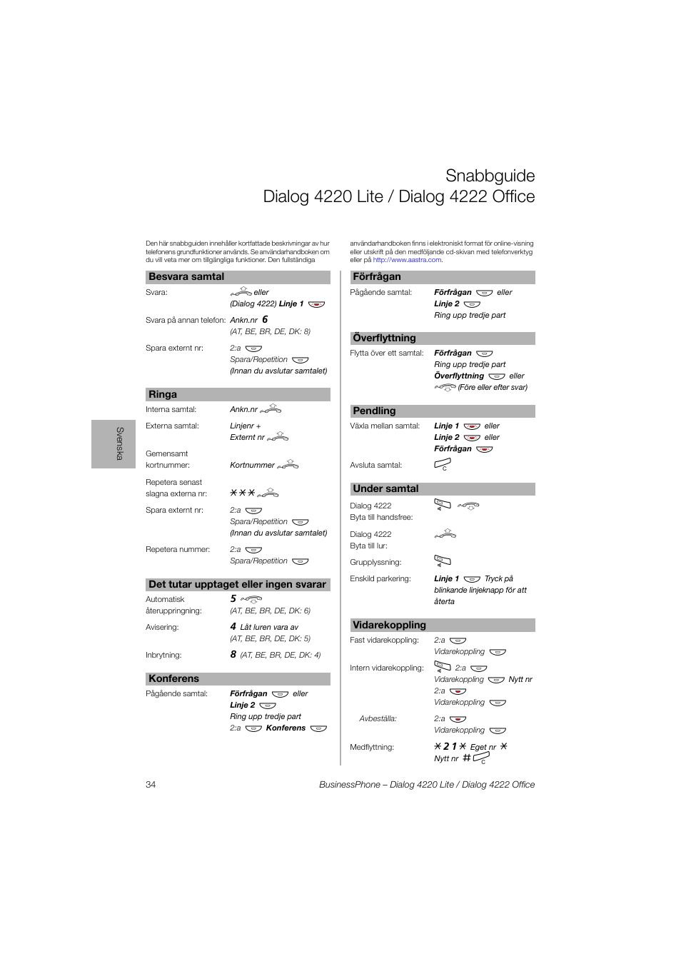 Snabbguide dialog 4220 lite/dialog4222office | AASTRA 4222 Office for BusinessPhone Quick Reference Guide User Manual | Page 34 / 40