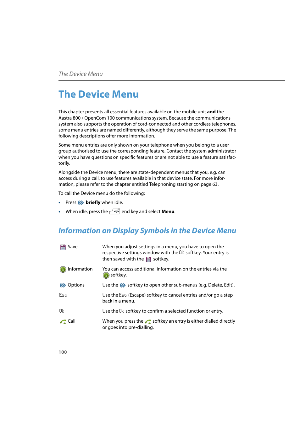 The device menu, Information on display symbols in the device menu | AASTRA 600d for Aastra 800 and OpenCom 100 User Guide EN User Manual | Page 102 / 164