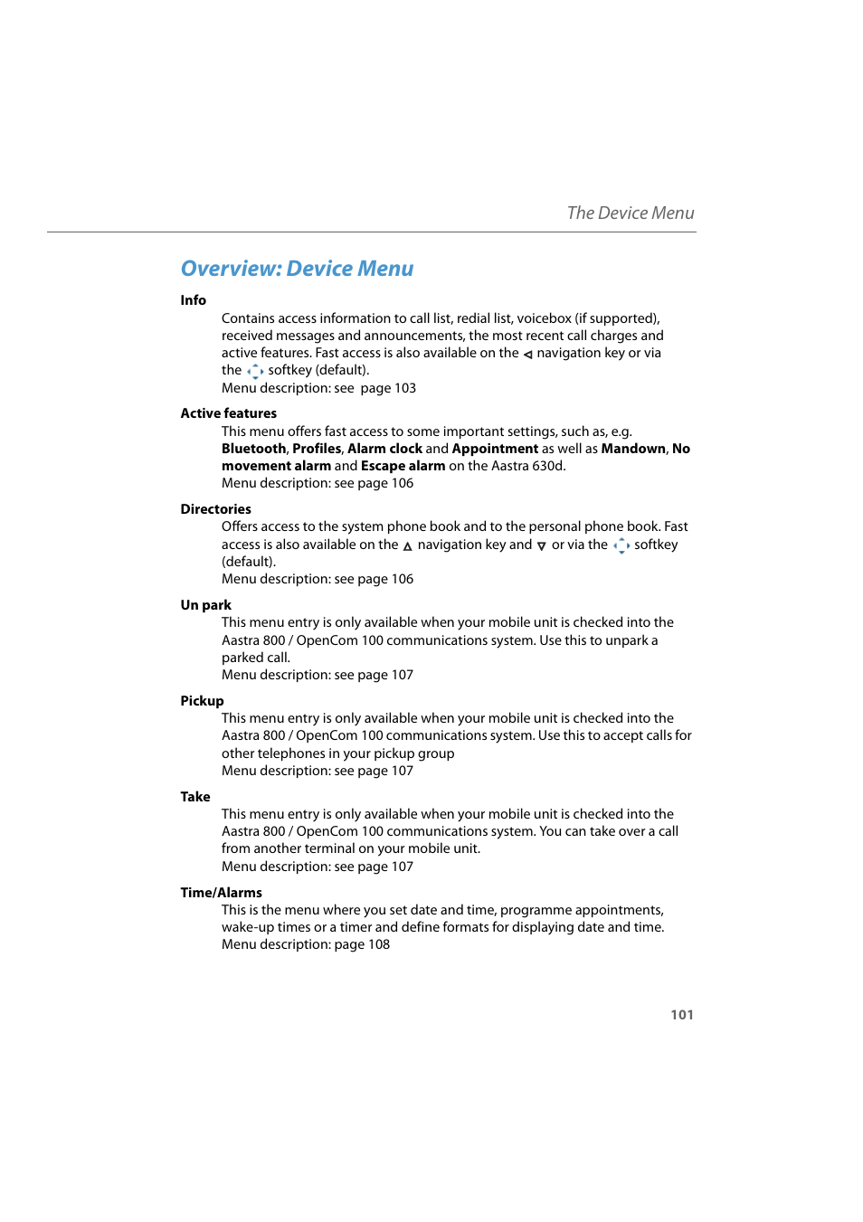 Overview: device menu, The device menu | AASTRA 600d for Aastra 800 and OpenCom 100 User Guide EN User Manual | Page 103 / 164
