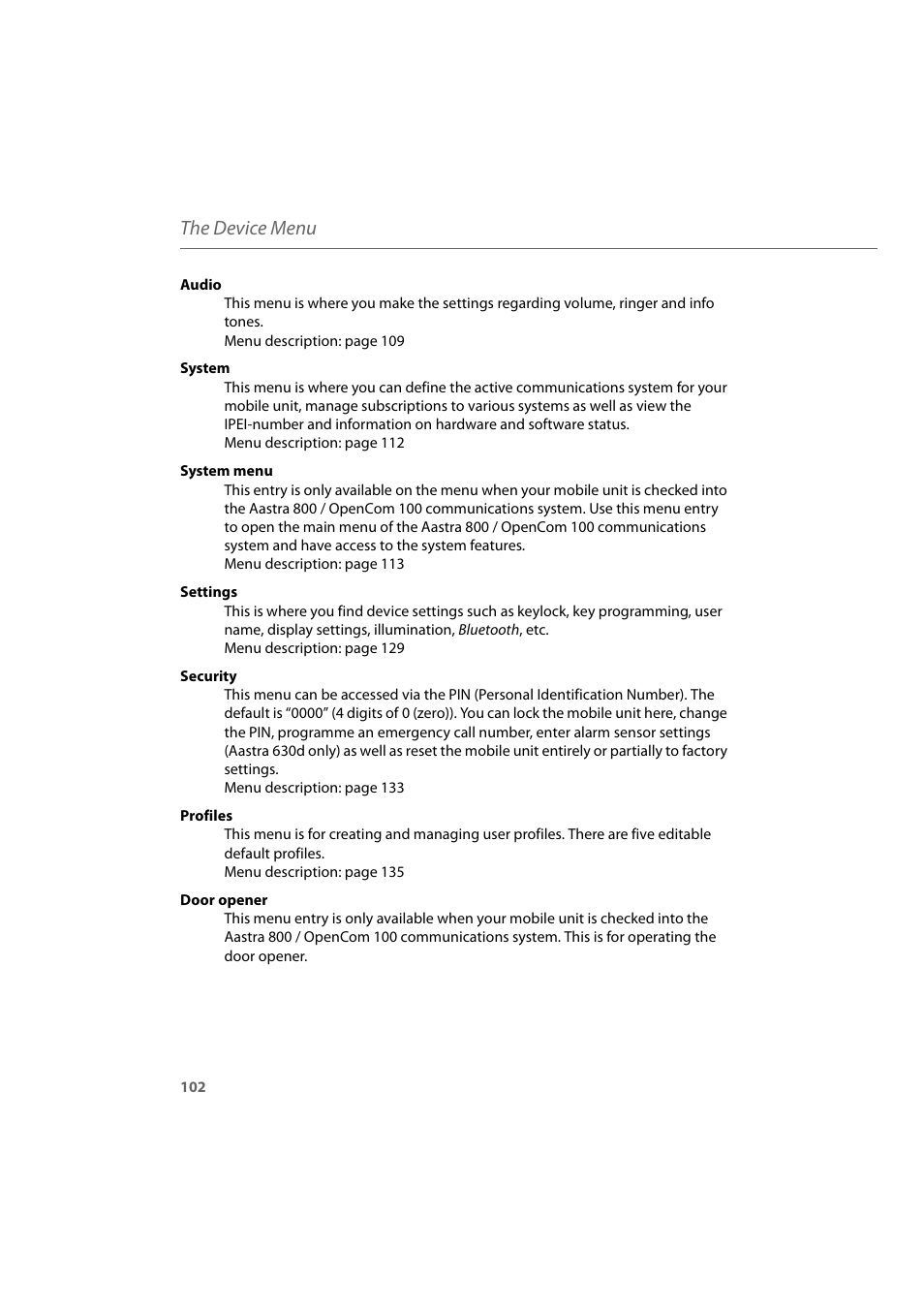 The device menu | AASTRA 600d for Aastra 800 and OpenCom 100 User Guide EN User Manual | Page 104 / 164