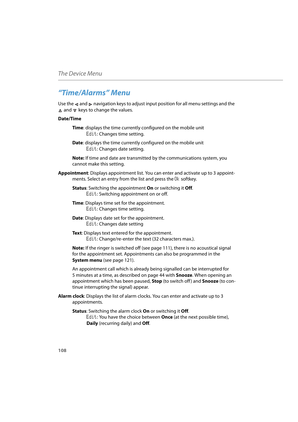 Time/alarms” menu, The device menu | AASTRA 600d for Aastra 800 and OpenCom 100 User Guide EN User Manual | Page 110 / 164