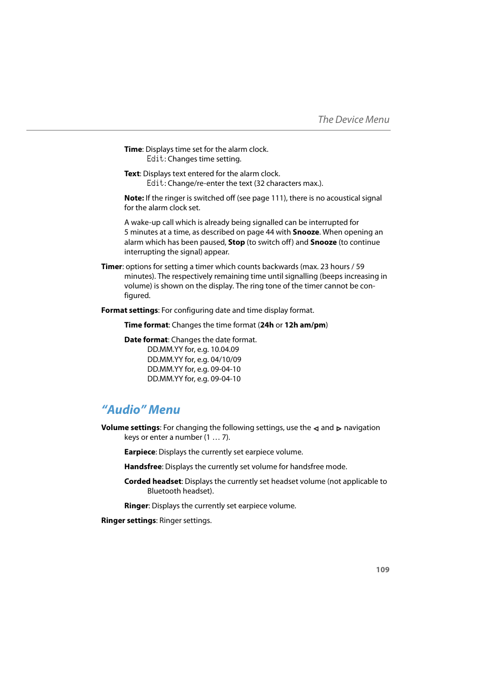 Audio” menu, The device menu | AASTRA 600d for Aastra 800 and OpenCom 100 User Guide EN User Manual | Page 111 / 164
