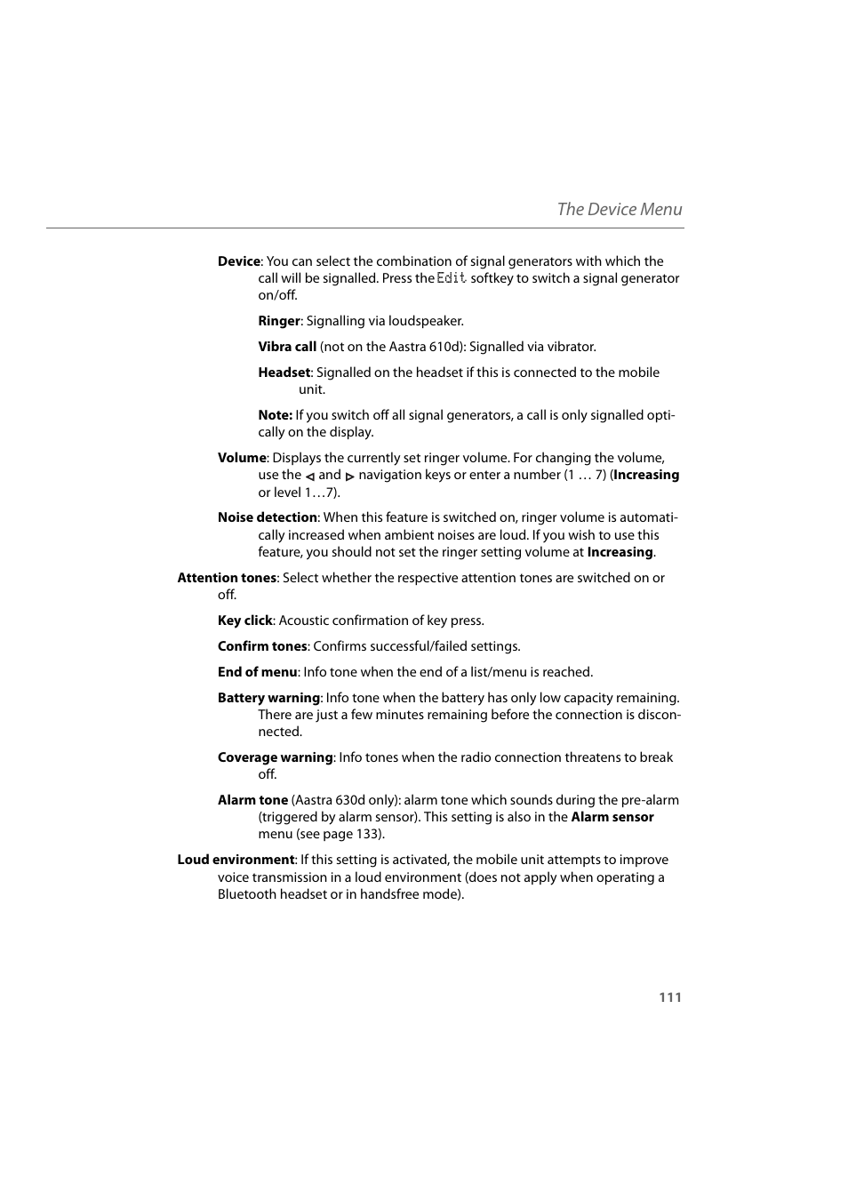 The device menu | AASTRA 600d for Aastra 800 and OpenCom 100 User Guide EN User Manual | Page 113 / 164
