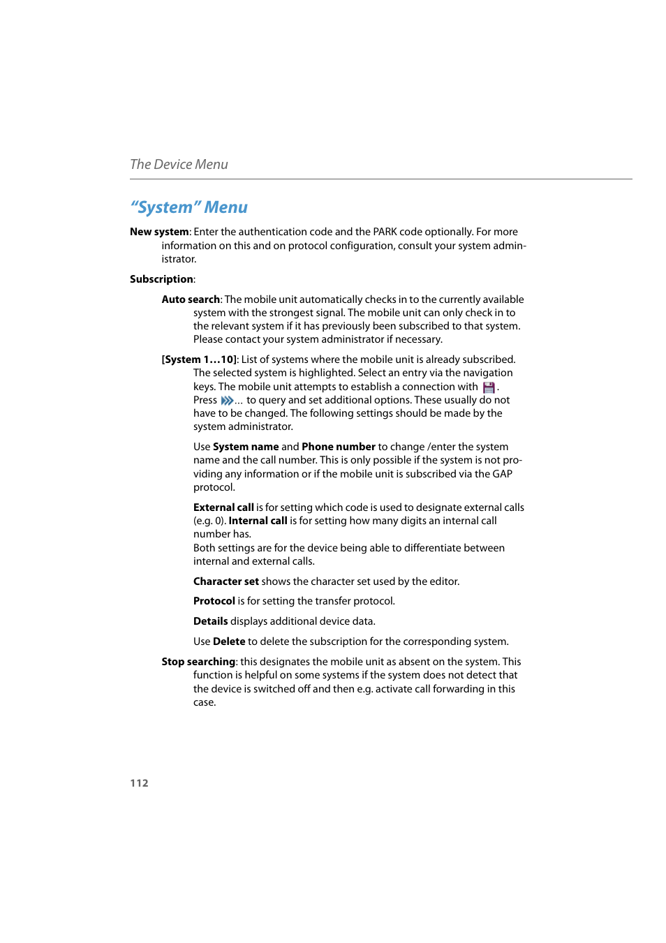 System” menu, The device menu | AASTRA 600d for Aastra 800 and OpenCom 100 User Guide EN User Manual | Page 114 / 164