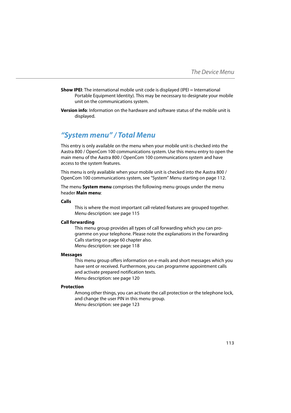 System menu” / total menu, The device menu | AASTRA 600d for Aastra 800 and OpenCom 100 User Guide EN User Manual | Page 115 / 164