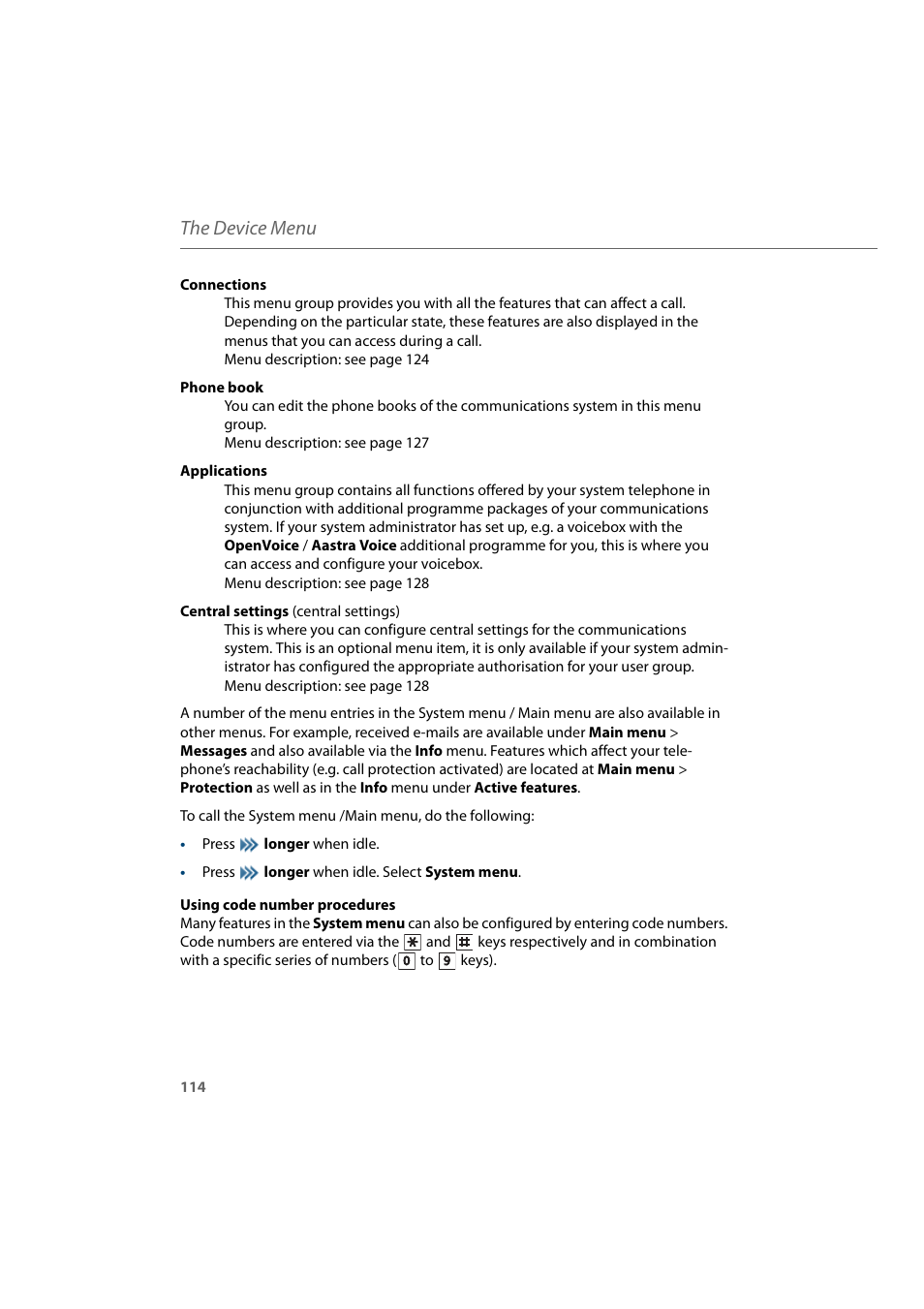 The device menu | AASTRA 600d for Aastra 800 and OpenCom 100 User Guide EN User Manual | Page 116 / 164