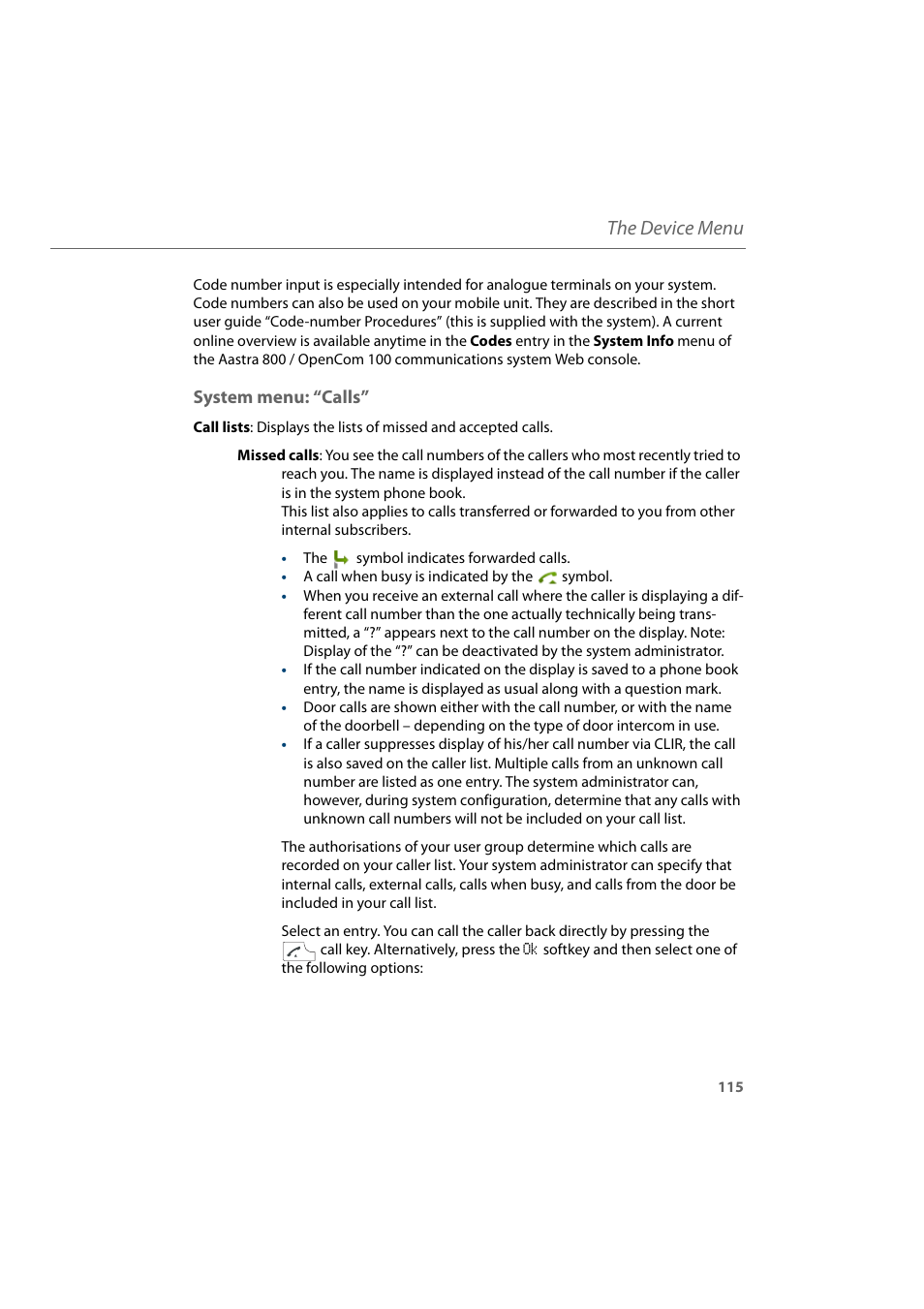 System menu: “calls, The device menu | AASTRA 600d for Aastra 800 and OpenCom 100 User Guide EN User Manual | Page 117 / 164