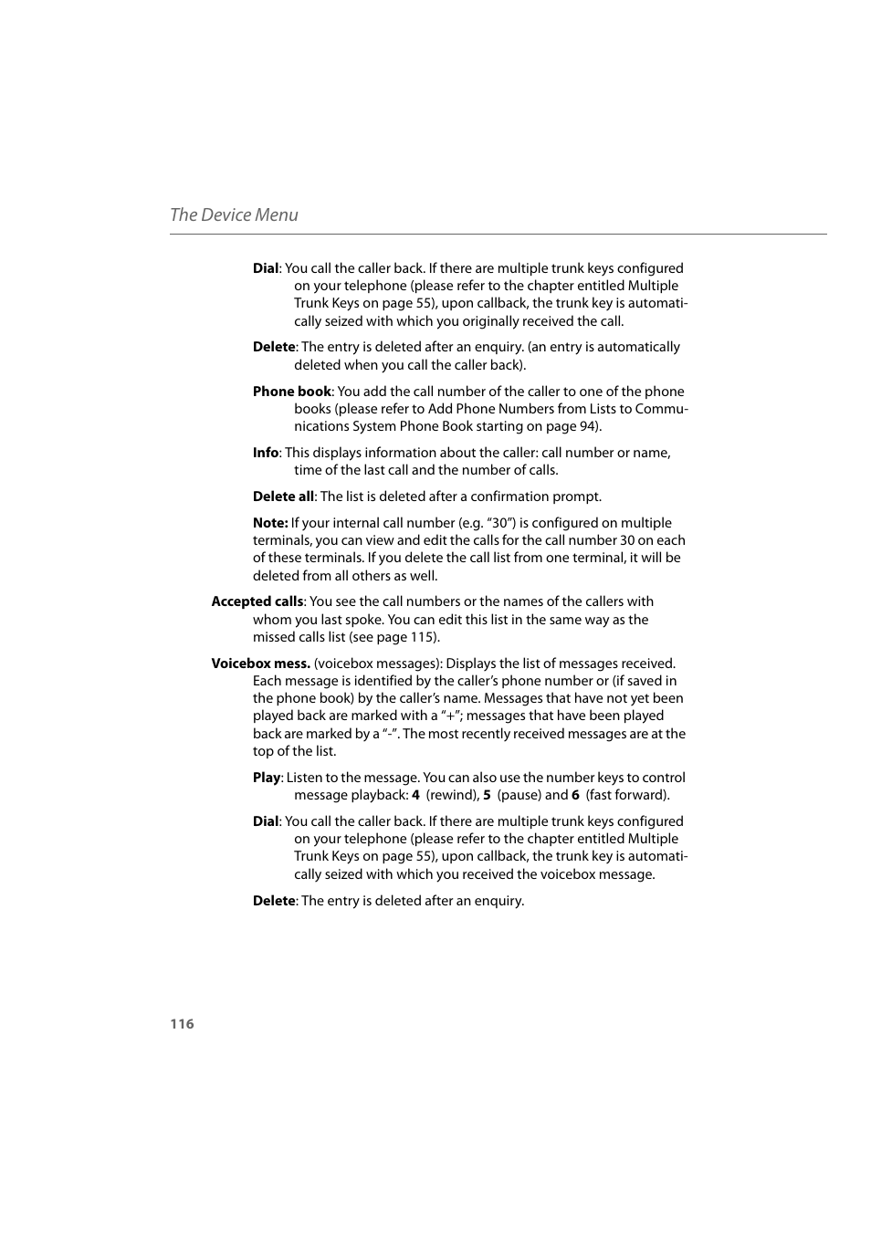 The device menu | AASTRA 600d for Aastra 800 and OpenCom 100 User Guide EN User Manual | Page 118 / 164