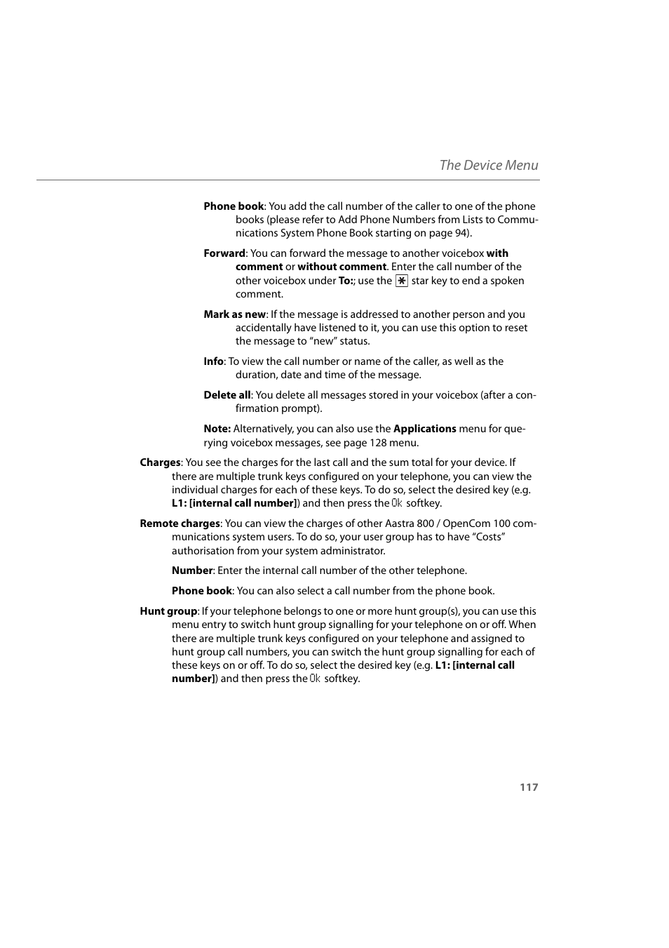 The device menu | AASTRA 600d for Aastra 800 and OpenCom 100 User Guide EN User Manual | Page 119 / 164