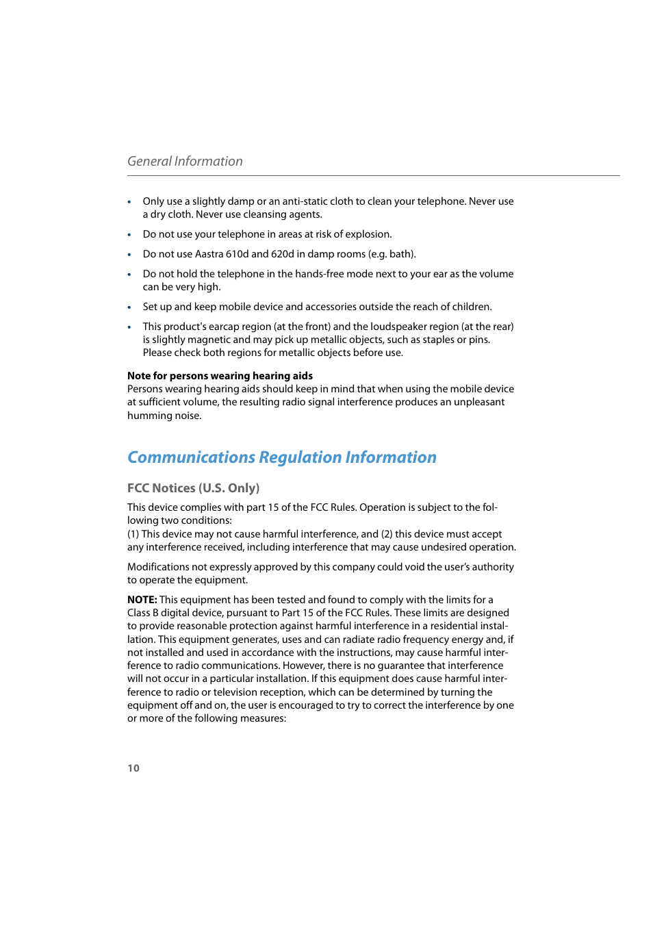 Communications regulation information, Fcc notices (u.s. only), General information | AASTRA 600d for Aastra 800 and OpenCom 100 User Guide EN User Manual | Page 12 / 164