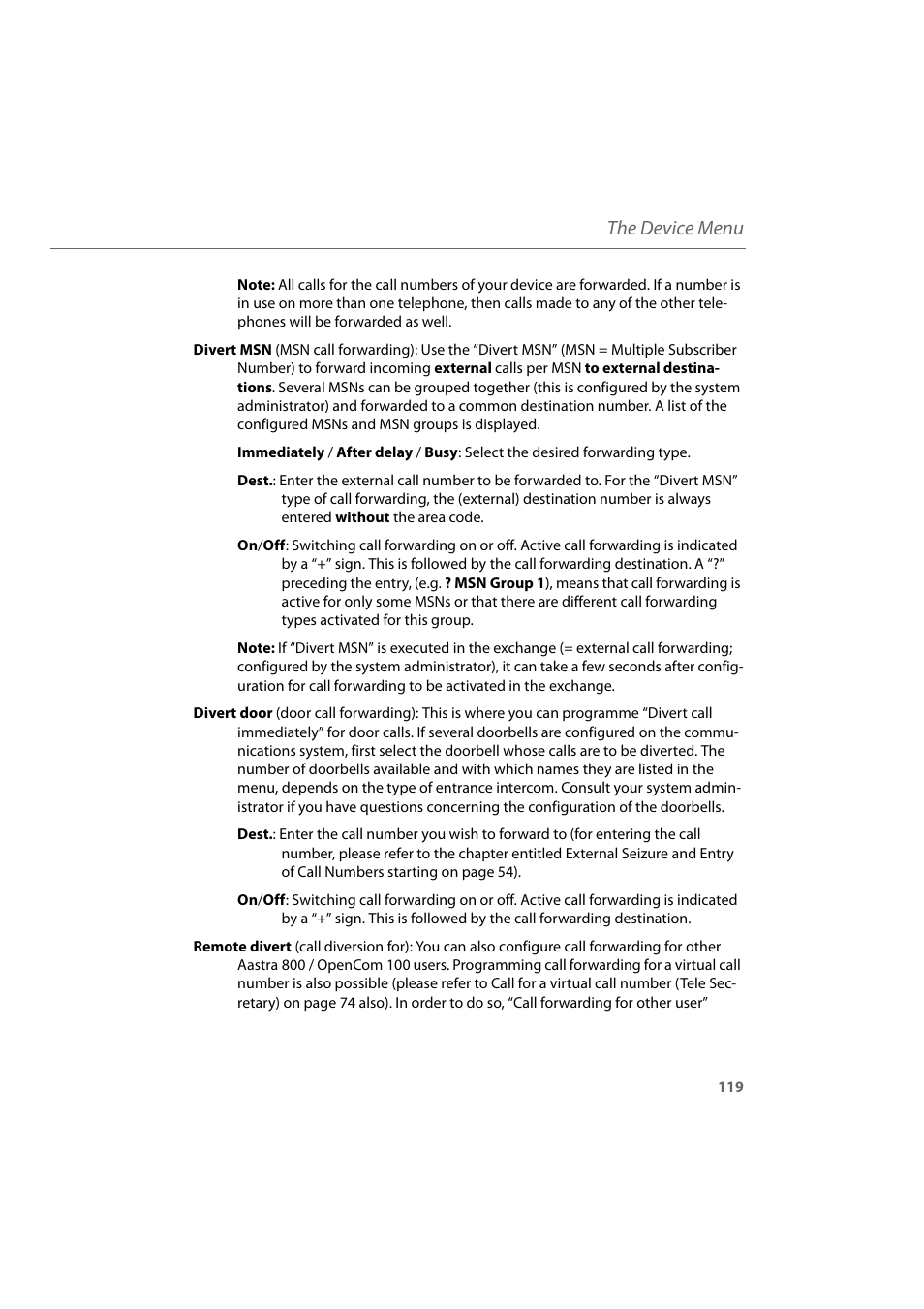 The device menu | AASTRA 600d for Aastra 800 and OpenCom 100 User Guide EN User Manual | Page 121 / 164