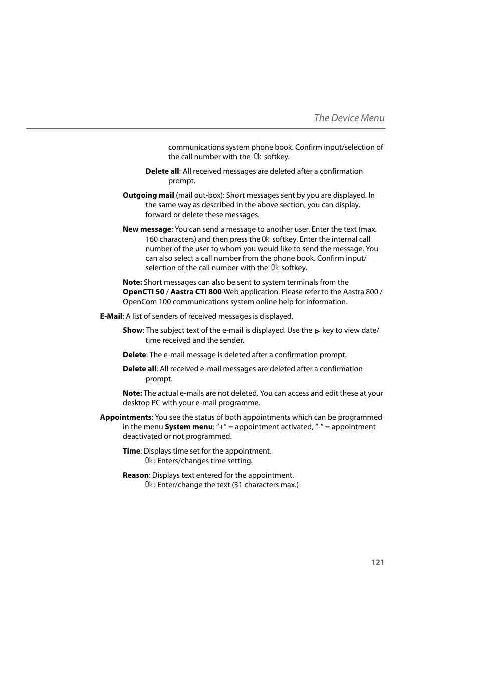 The device menu | AASTRA 600d for Aastra 800 and OpenCom 100 User Guide EN User Manual | Page 123 / 164