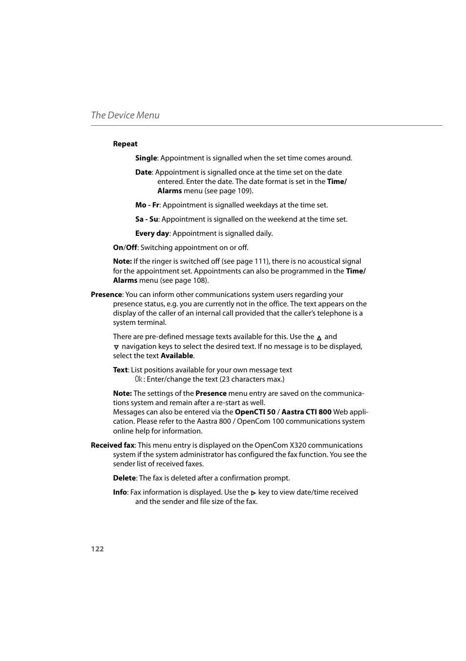The device menu | AASTRA 600d for Aastra 800 and OpenCom 100 User Guide EN User Manual | Page 124 / 164