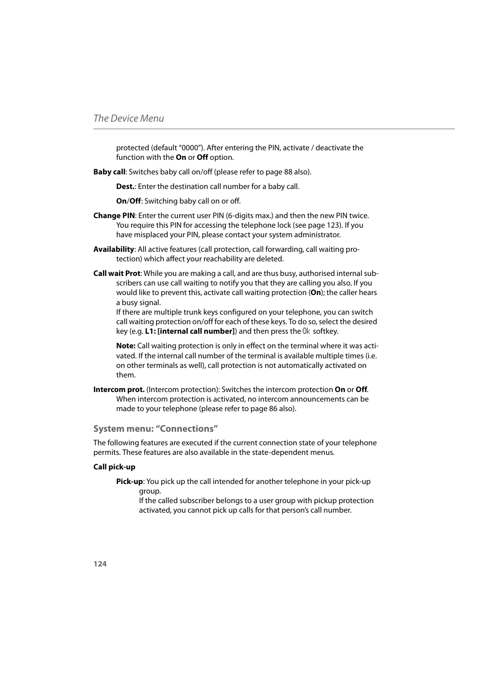 System menu: “connections, The device menu | AASTRA 600d for Aastra 800 and OpenCom 100 User Guide EN User Manual | Page 126 / 164