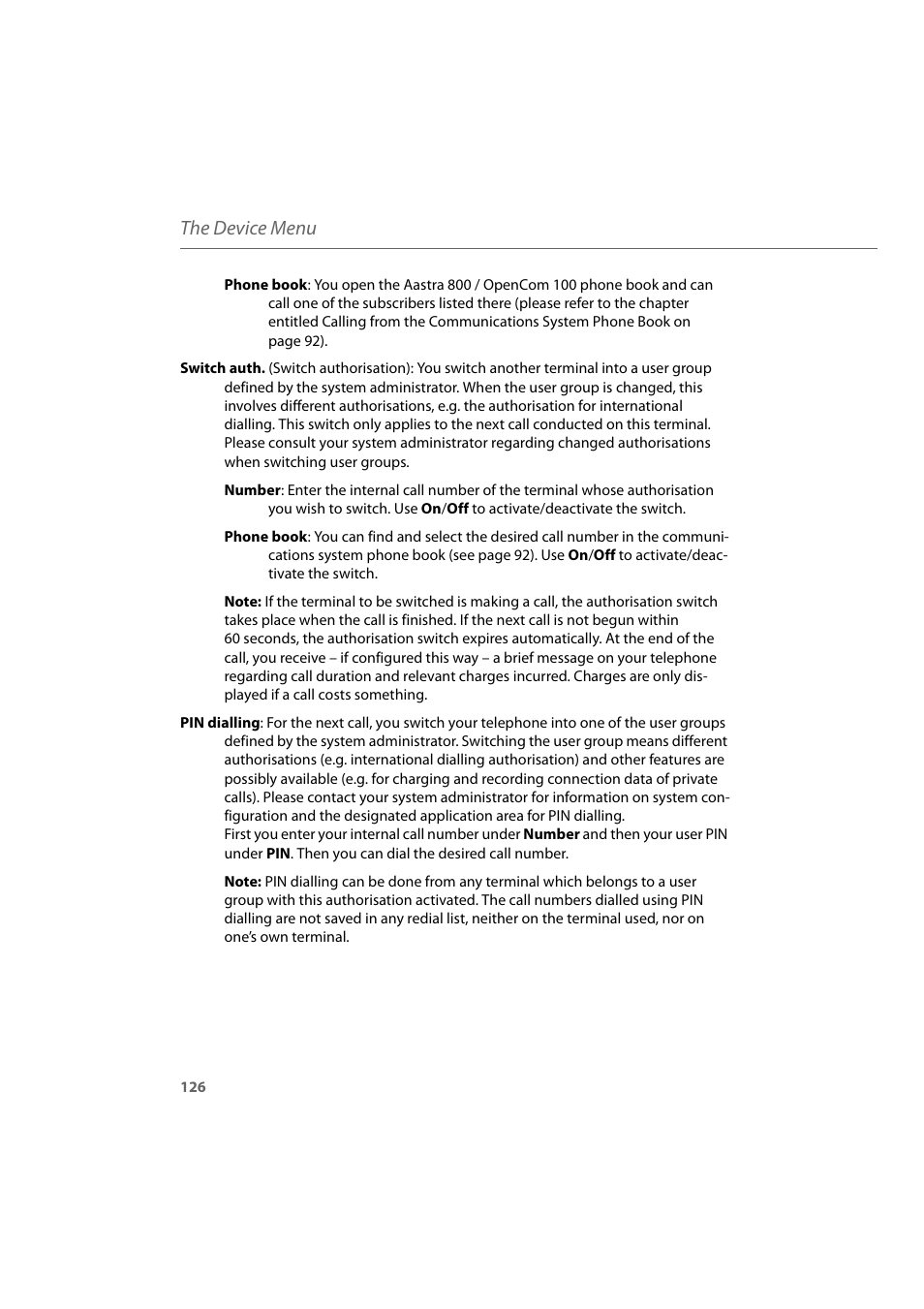 The device menu | AASTRA 600d for Aastra 800 and OpenCom 100 User Guide EN User Manual | Page 128 / 164