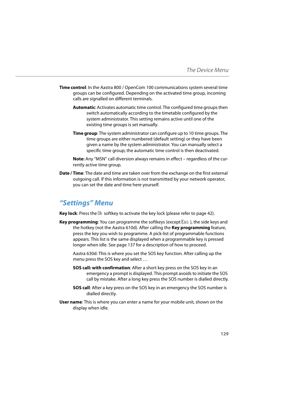 Settings” menu, The device menu | AASTRA 600d for Aastra 800 and OpenCom 100 User Guide EN User Manual | Page 131 / 164