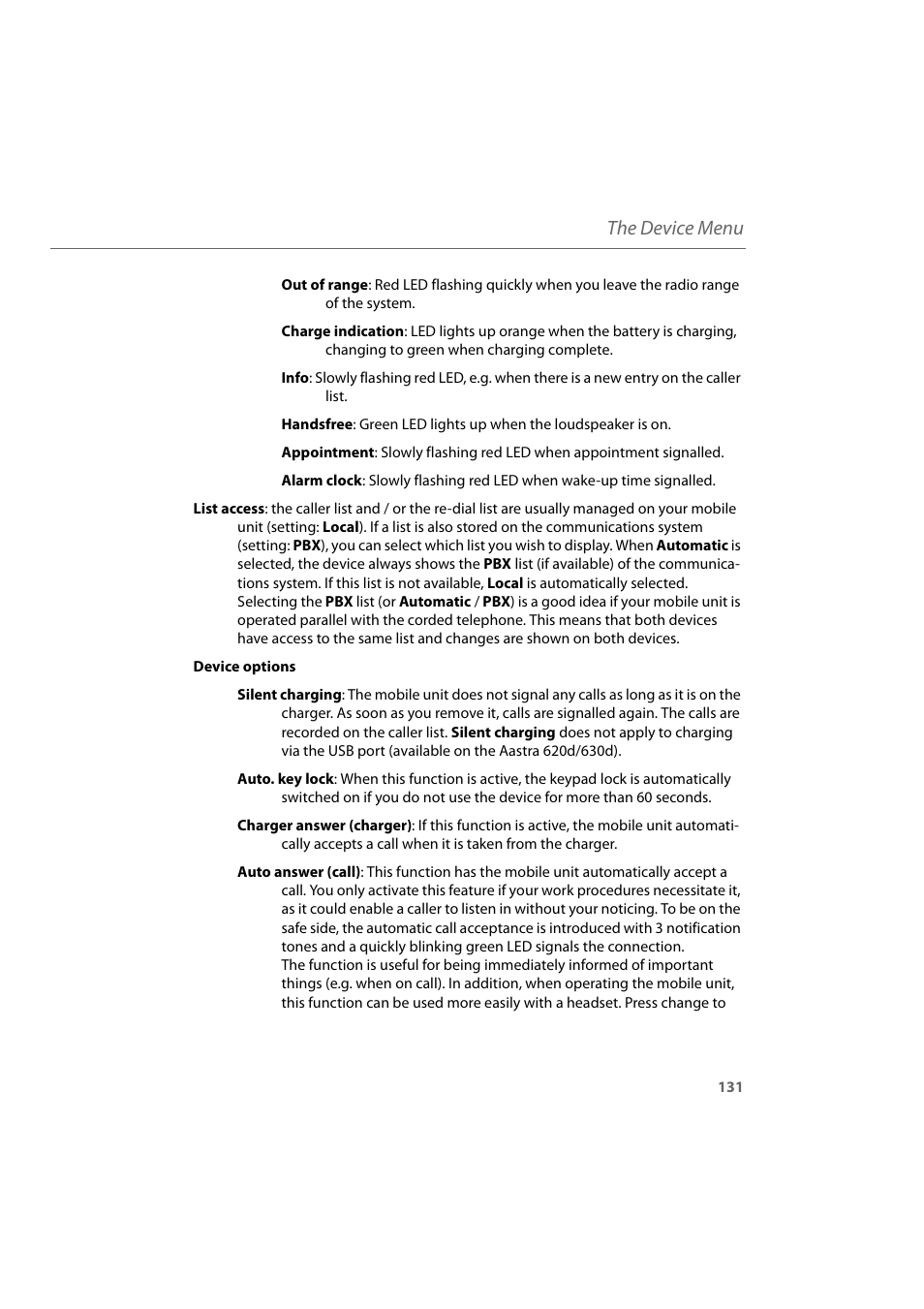 The device menu | AASTRA 600d for Aastra 800 and OpenCom 100 User Guide EN User Manual | Page 133 / 164