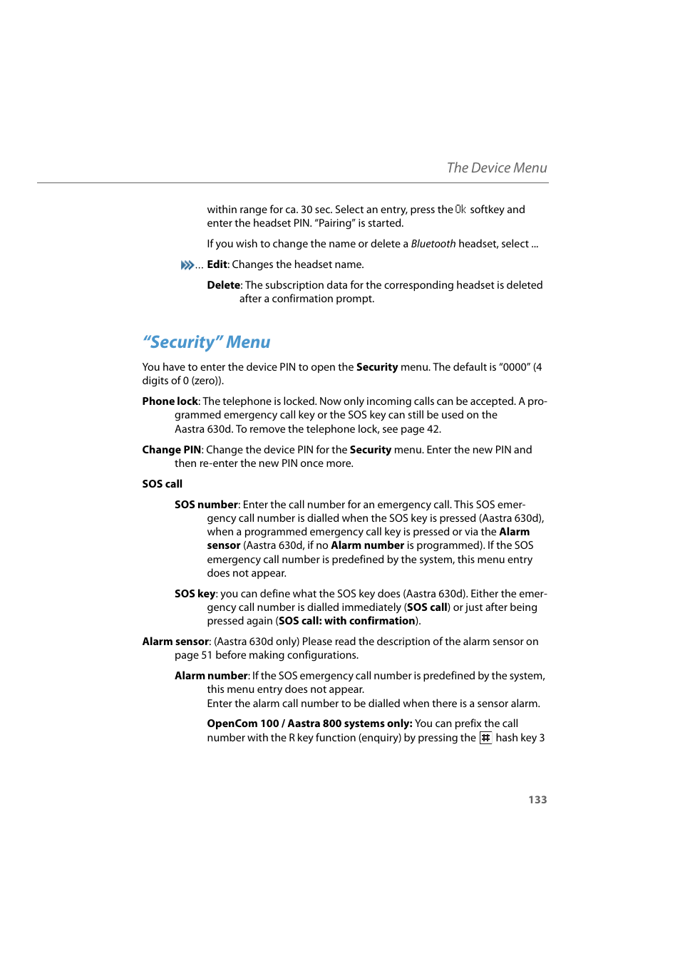Security” menu, The device menu | AASTRA 600d for Aastra 800 and OpenCom 100 User Guide EN User Manual | Page 135 / 164