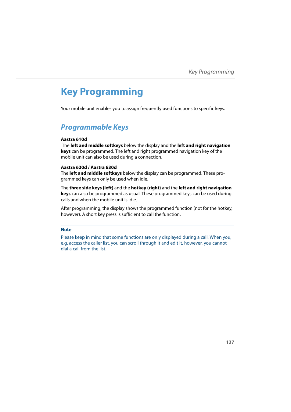 Key programming, Programmable keys | AASTRA 600d for Aastra 800 and OpenCom 100 User Guide EN User Manual | Page 139 / 164