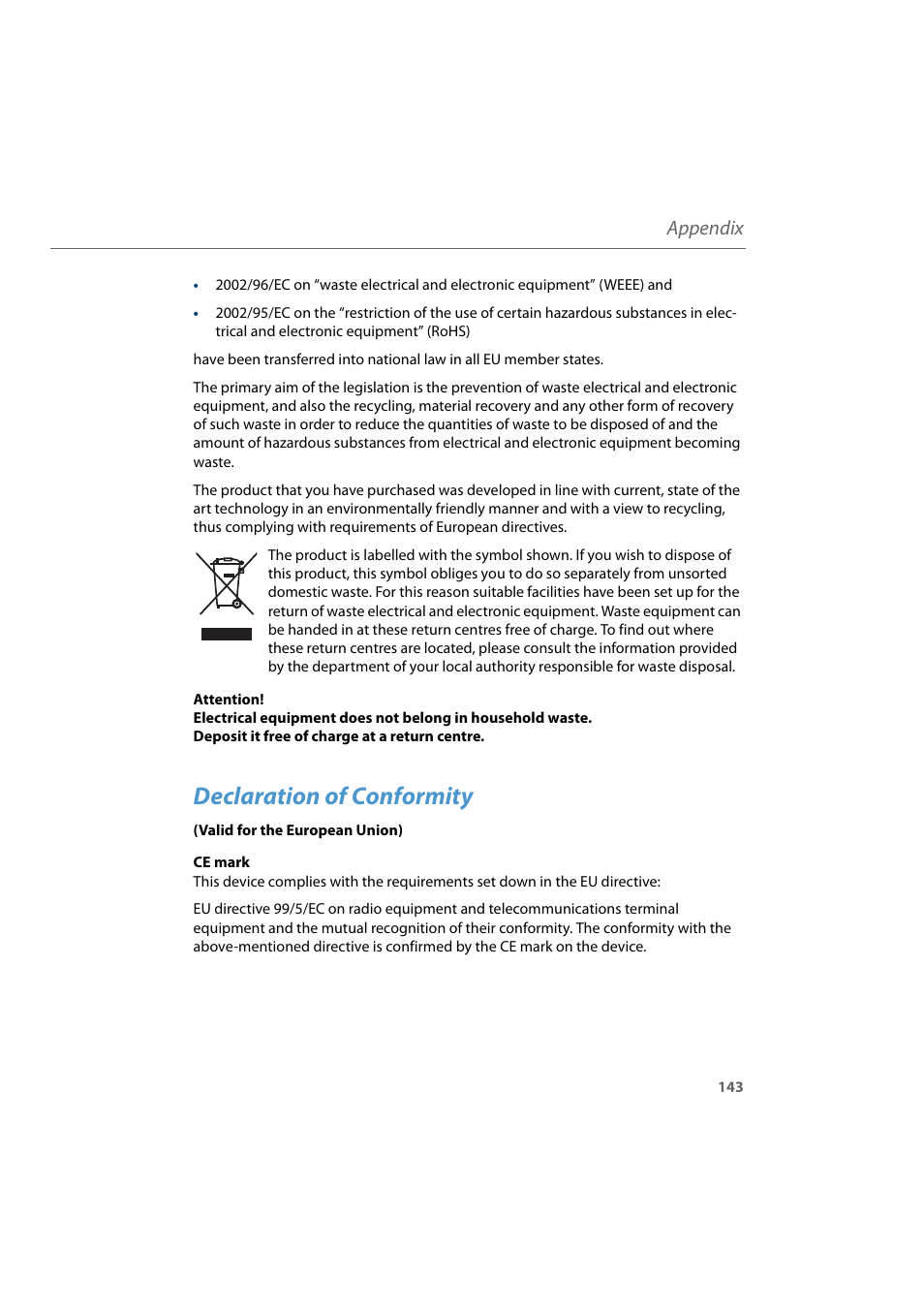 Declaration of conformity, Appendix | AASTRA 600d for Aastra 800 and OpenCom 100 User Guide EN User Manual | Page 145 / 164