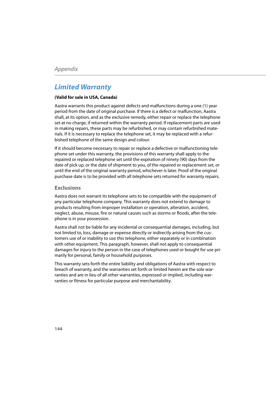 Limited warranty, Exclusions, Appendix | AASTRA 600d for Aastra 800 and OpenCom 100 User Guide EN User Manual | Page 146 / 164