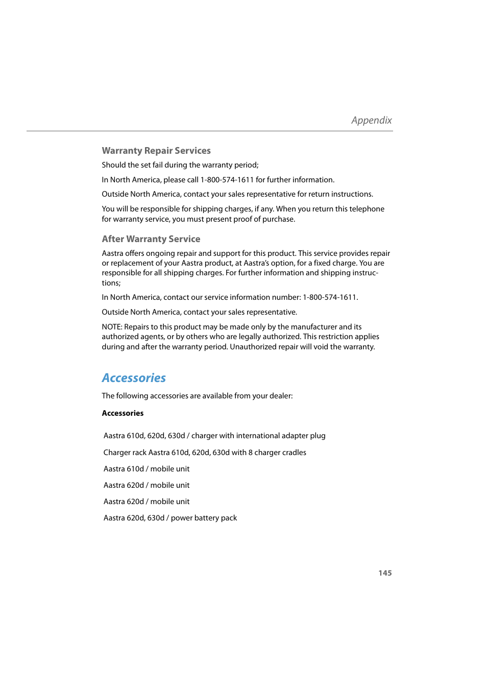 Warranty repair services, After warranty service, Accessories | Warranty repair services after warranty service, Appendix | AASTRA 600d for Aastra 800 and OpenCom 100 User Guide EN User Manual | Page 147 / 164