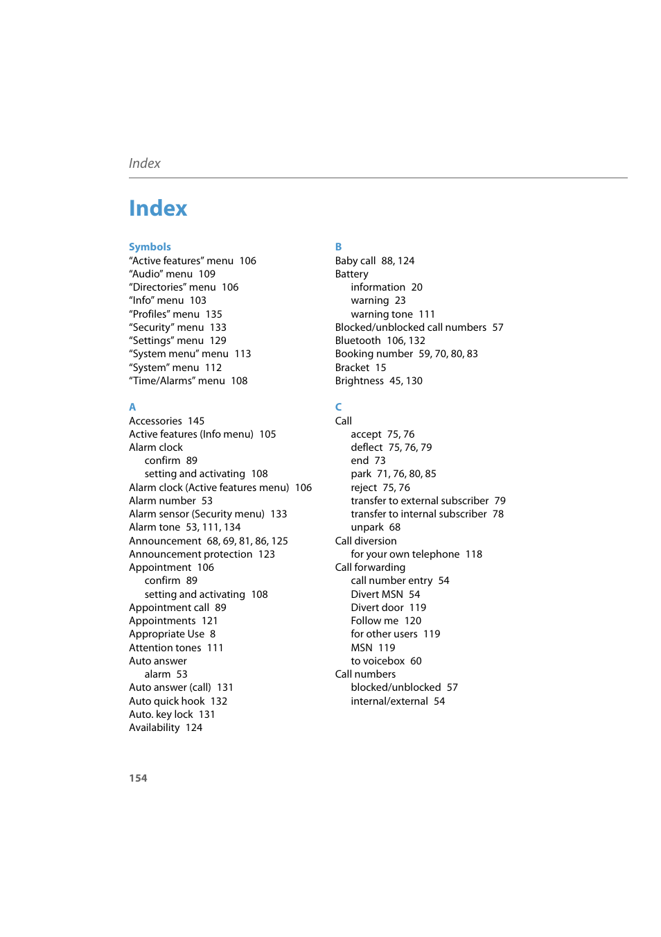 Index | AASTRA 600d for Aastra 800 and OpenCom 100 User Guide EN User Manual | Page 156 / 164