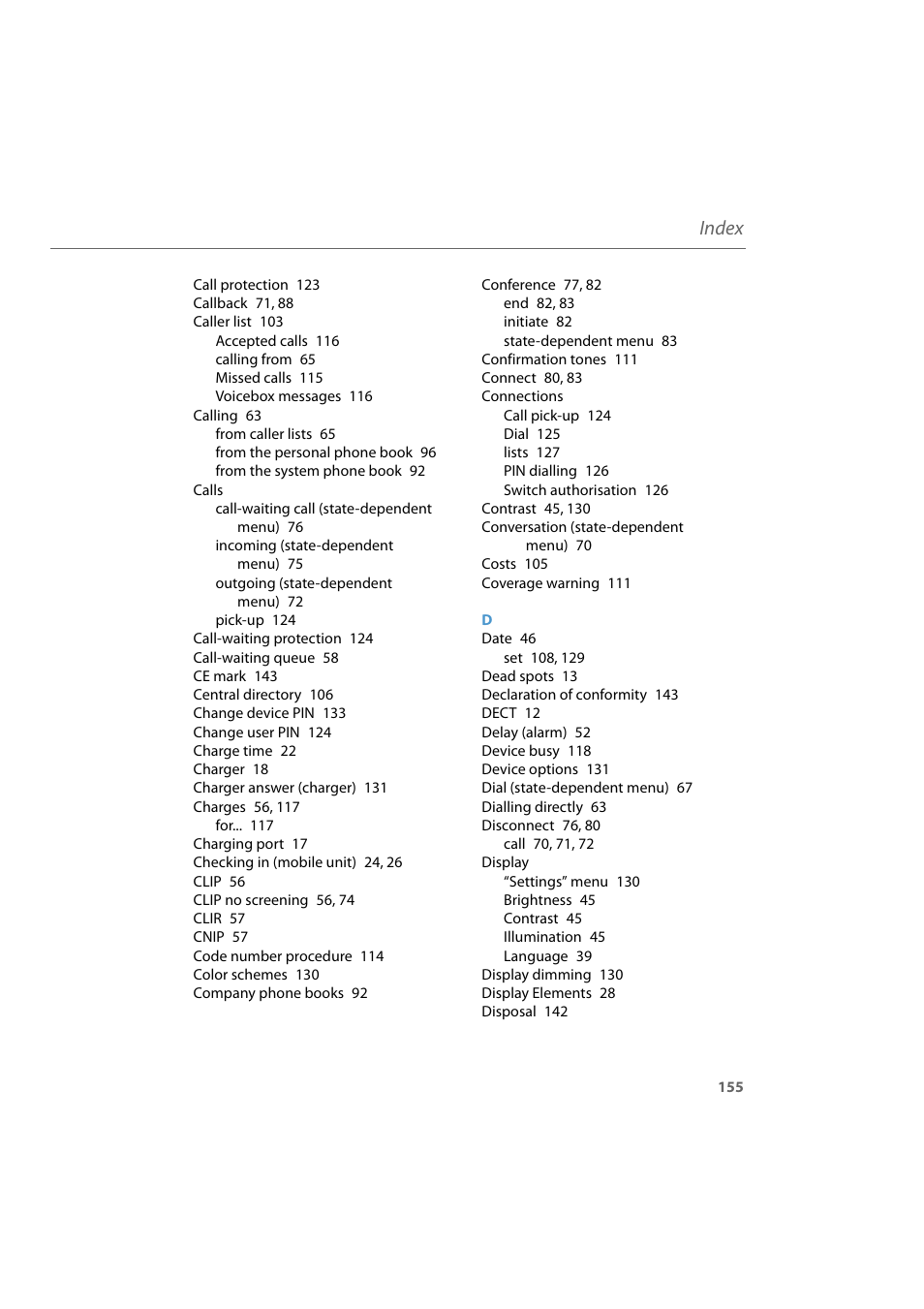 Index | AASTRA 600d for Aastra 800 and OpenCom 100 User Guide EN User Manual | Page 157 / 164