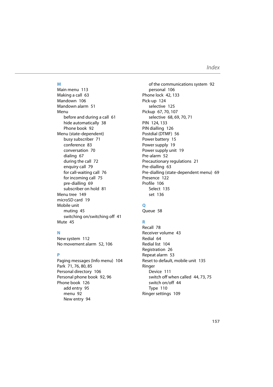 Index | AASTRA 600d for Aastra 800 and OpenCom 100 User Guide EN User Manual | Page 159 / 164