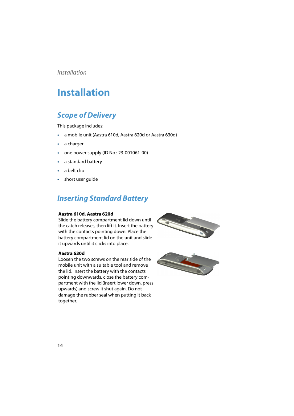 Installation, Scope of delivery, Inserting standard battery | AASTRA 600d for Aastra 800 and OpenCom 100 User Guide EN User Manual | Page 16 / 164