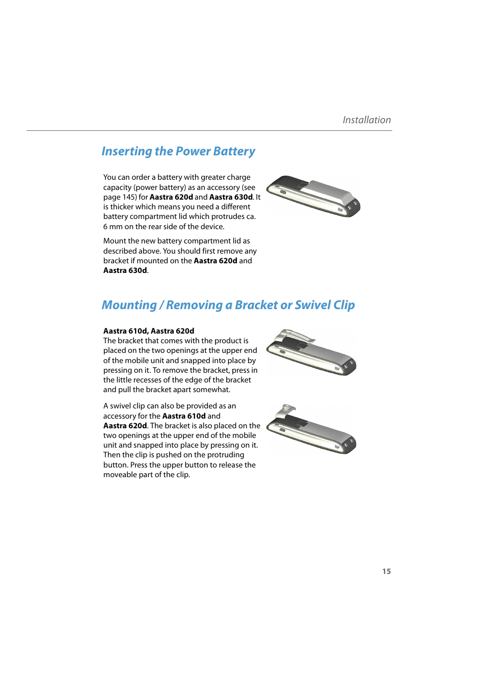 Inserting the power battery, Mounting / removing a bracket or swivel clip | AASTRA 600d for Aastra 800 and OpenCom 100 User Guide EN User Manual | Page 17 / 164