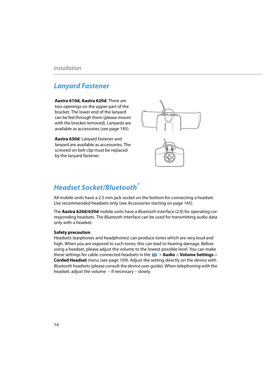 Lanyard fastener, Headset socket/bluetooth, Headset socket/ bluet | Lanyard fastener headset socket/bluetooth | AASTRA 600d for Aastra 800 and OpenCom 100 User Guide EN User Manual | Page 18 / 164