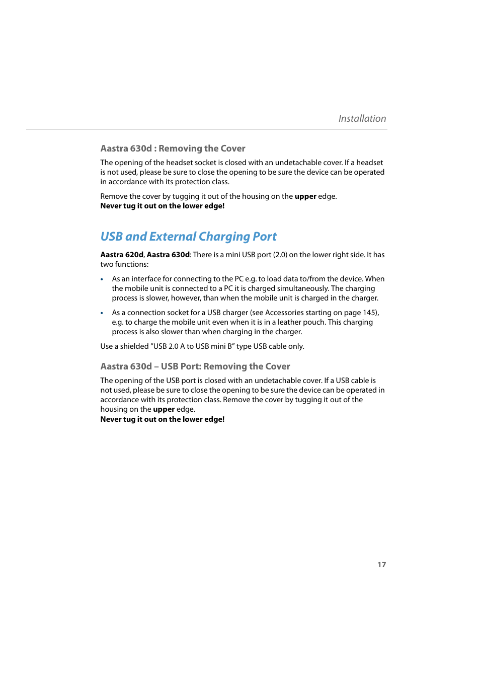 Aastra 630d : removing the cover, Usb and external charging port, Aastra 630d - usb port: removing the cover | Aastra 630d – usb port: removing the cover, Installation | AASTRA 600d for Aastra 800 and OpenCom 100 User Guide EN User Manual | Page 19 / 164