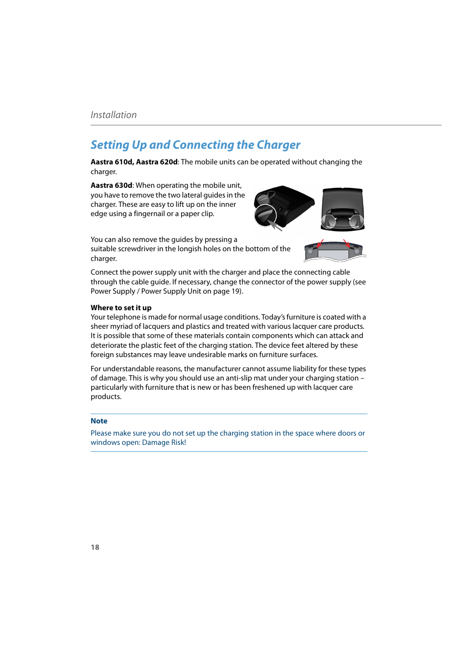 Setting up and connecting the charger, Installation | AASTRA 600d for Aastra 800 and OpenCom 100 User Guide EN User Manual | Page 20 / 164