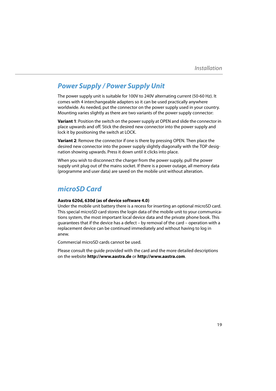 Power supply / power supply unit, Microsd card | AASTRA 600d for Aastra 800 and OpenCom 100 User Guide EN User Manual | Page 21 / 164