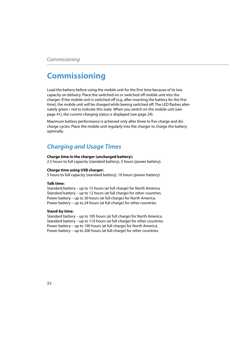 Commissioning, Charging and usage times | AASTRA 600d for Aastra 800 and OpenCom 100 User Guide EN User Manual | Page 24 / 164