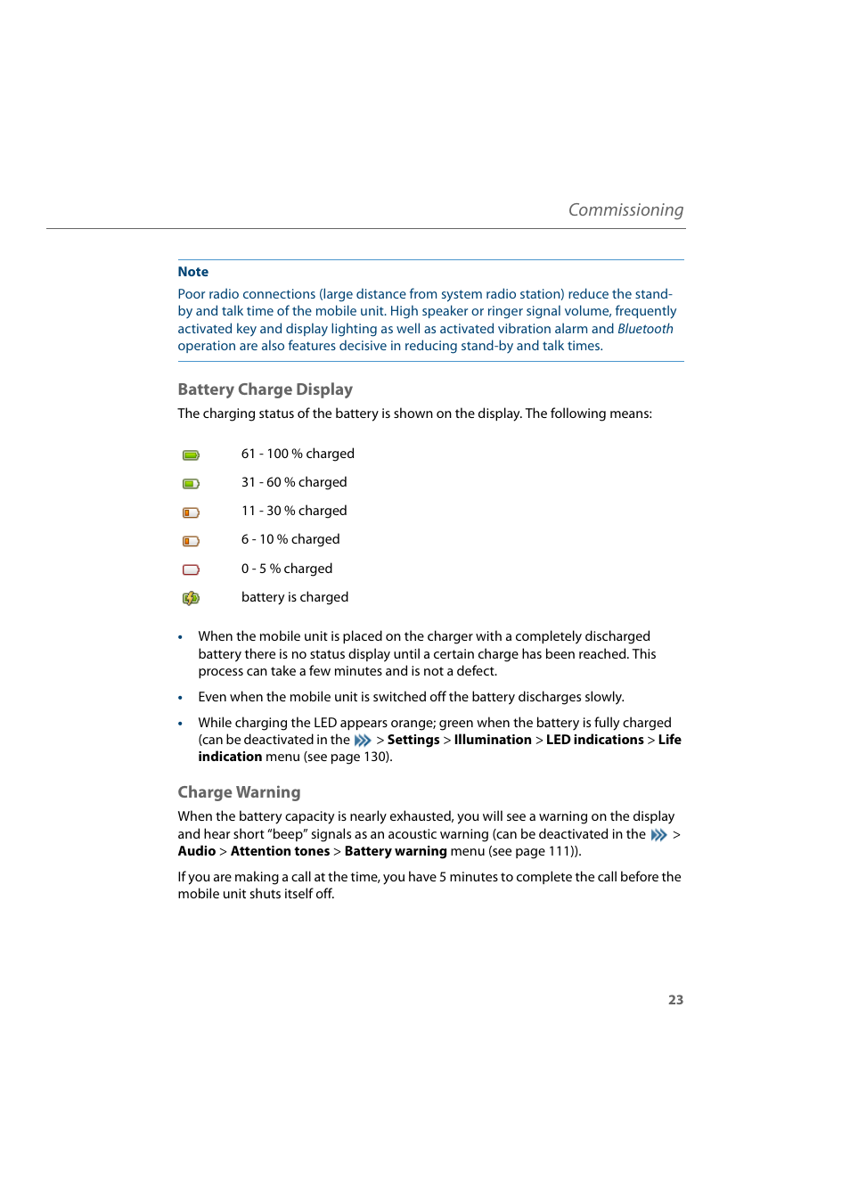 Battery charge display, Charge warning, Battery charge display charge warning | Commissioning | AASTRA 600d for Aastra 800 and OpenCom 100 User Guide EN User Manual | Page 25 / 164